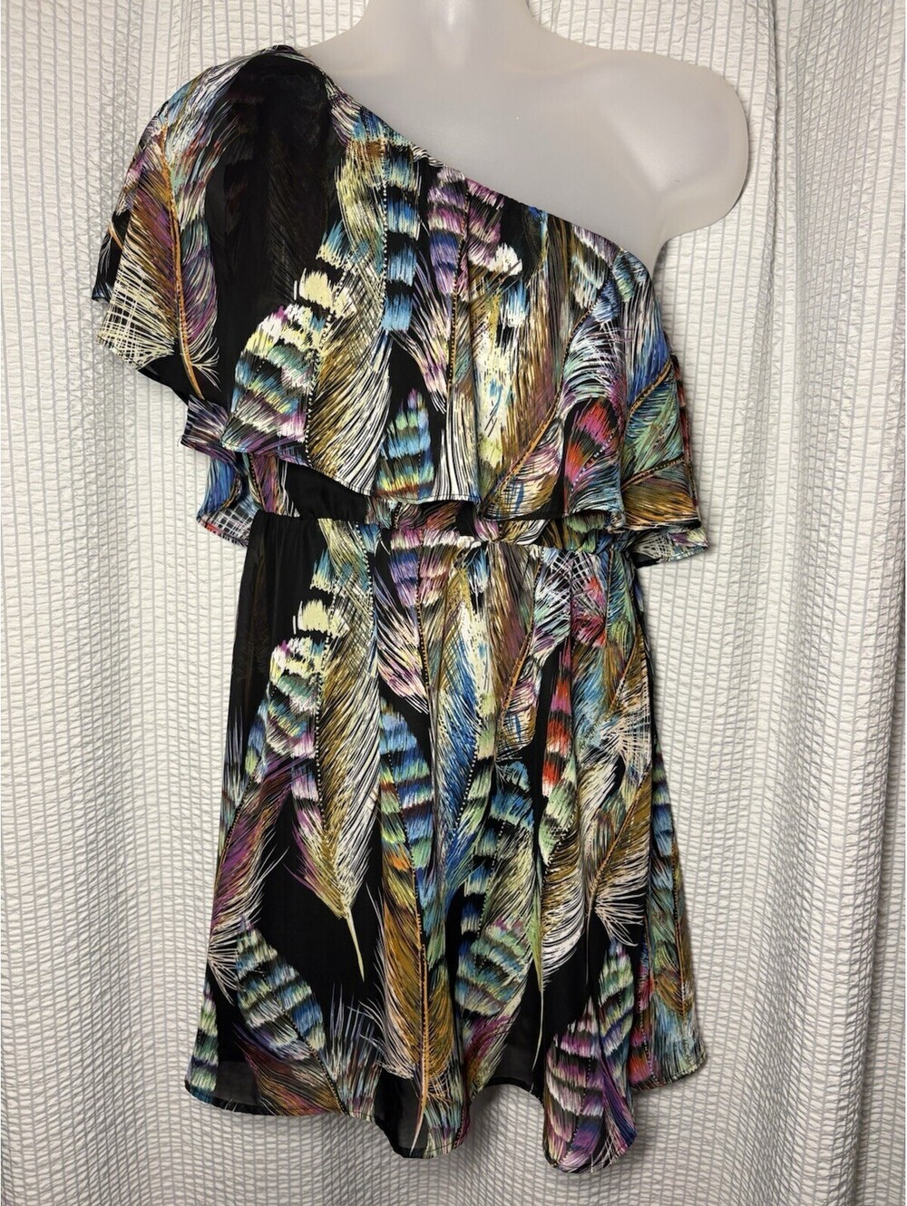 Ali & Kris Dress One Shoulder Chiffon Feel Mulitcolor Feather Print Size Large